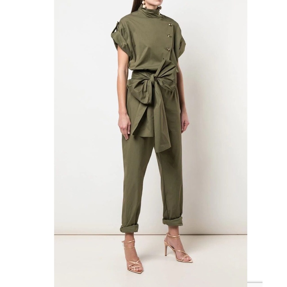 $3K Oscar de la Renta Olive Green Military Utility Jumpsuit Italy Button Belt 8